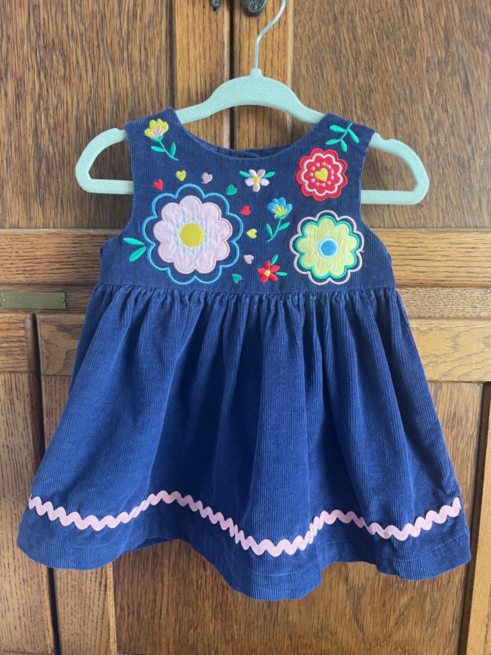 Good Lad Navy Corduroy Dress with Pink, Yellow, Red & Green Floral Appliqués